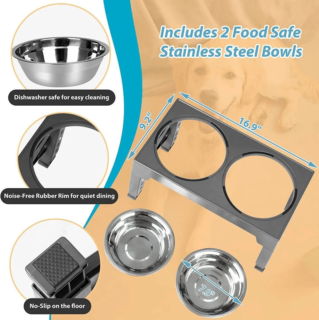 Elevated pet feeder bowl rack with two stainless steel bowls, 44x27.9x29cm, in grey, black, or white