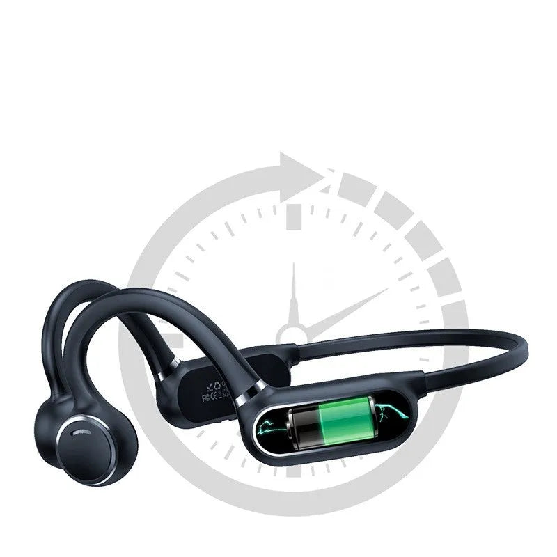 Black open-ear air conduction Bluetooth wireless earphones with a flexible titanium frame on a white background.