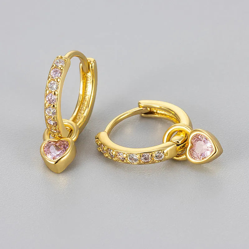 Heart-shaped zircon drop earrings for women in gold or white gold plating with colour stone options