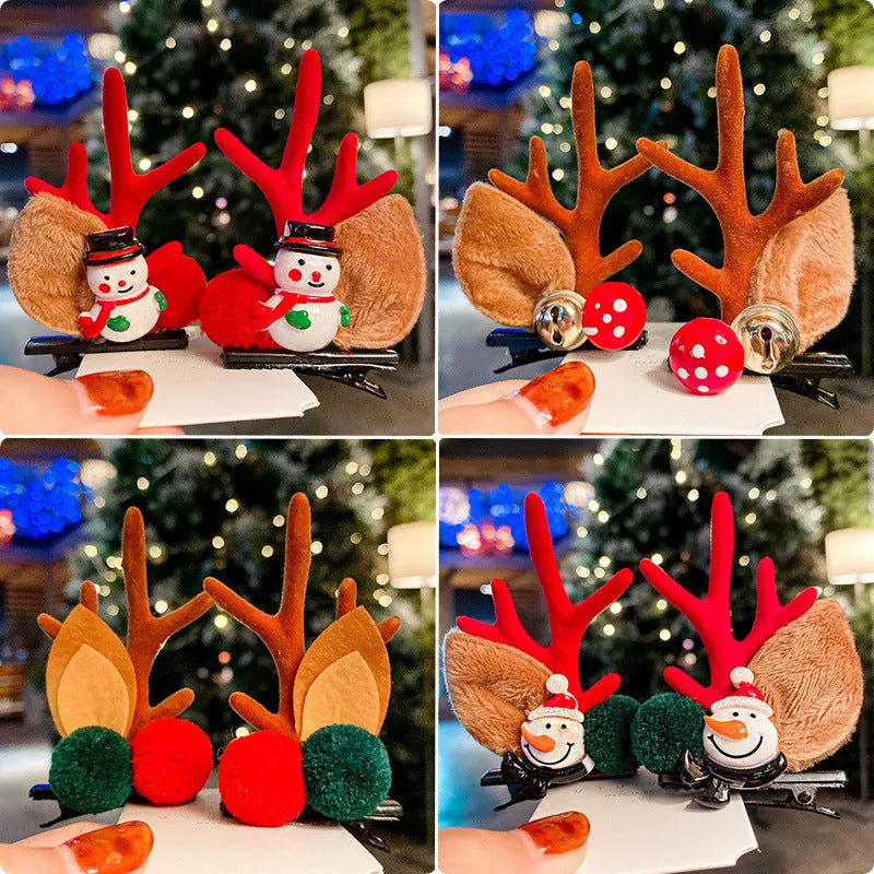 Set of plastic resin Christmas hair clips for kids with antler and snowman designs