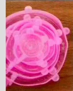 Scute Lids reusable silicone stretch lids in round and square shapes, various sizes and colours including blue, green, pink, white and yellow.