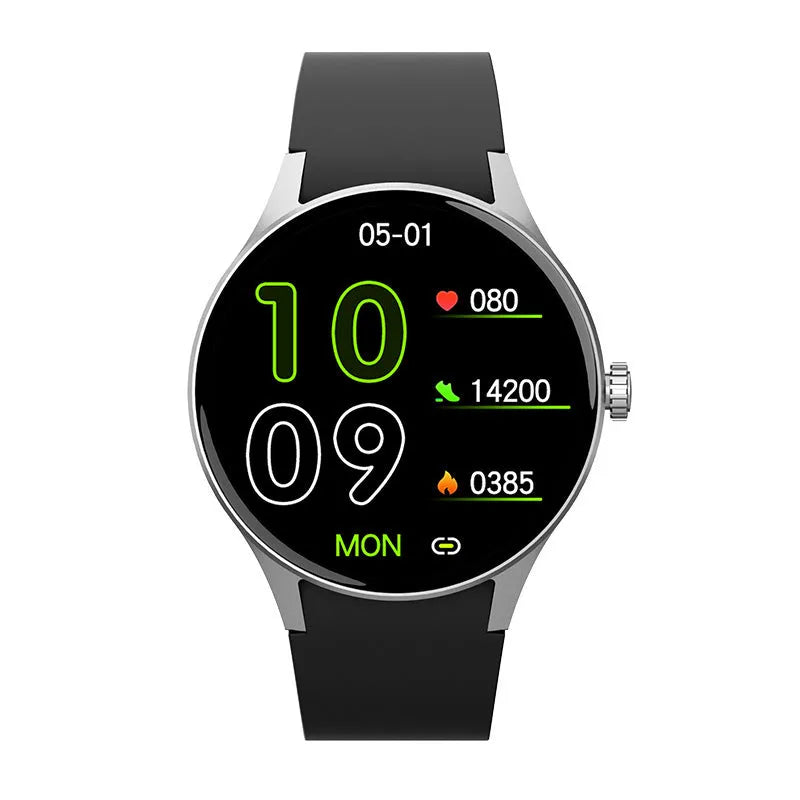 Smart watch with blood sugar detection on wrist showing AMOLED display