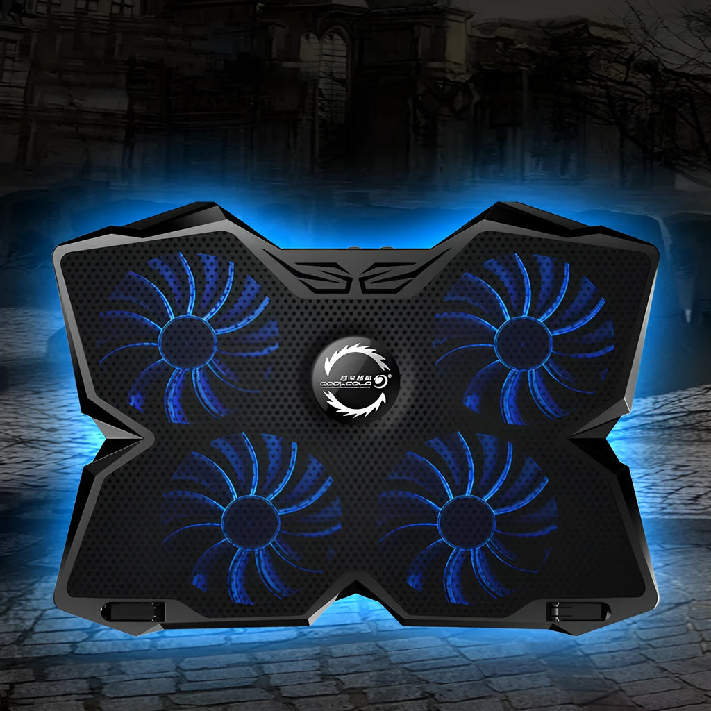 Laptop cooling base with four LED exhaust fans, USB ports, and control switches on blue or red background