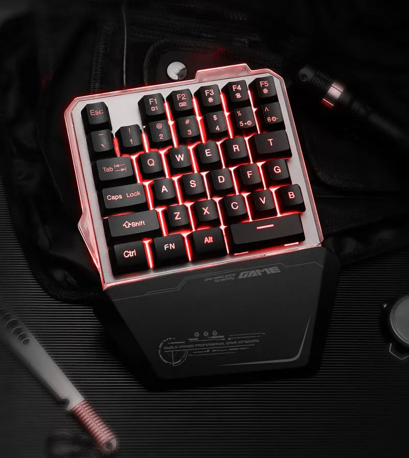 Black robotic one-handed gaming keyboard with RGB backlight and 1.8 metre USB cable