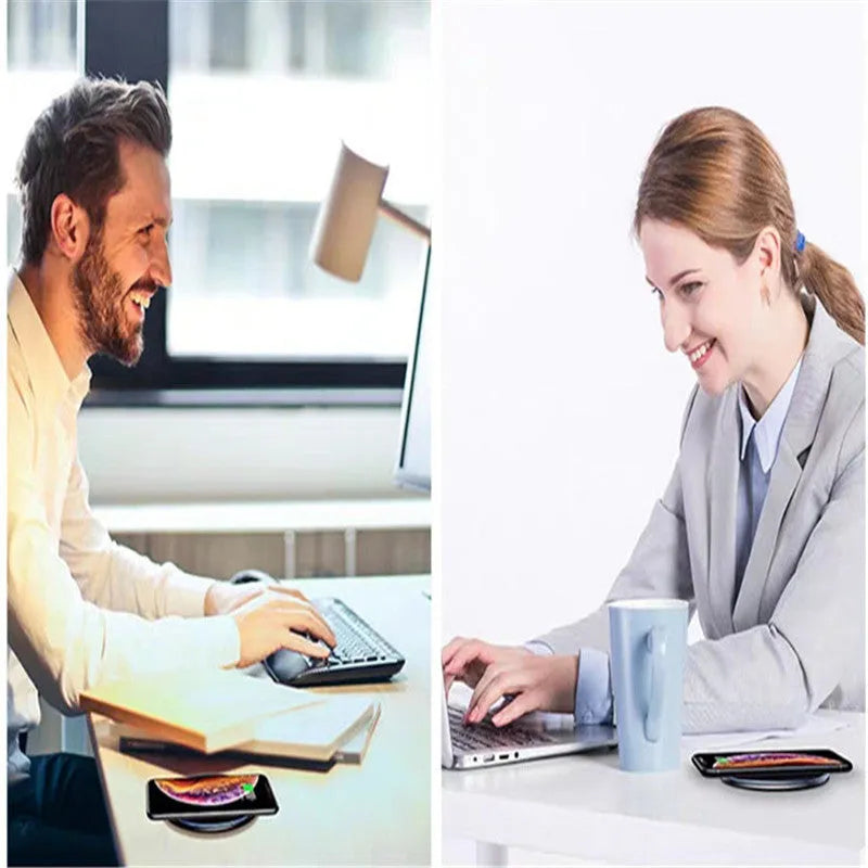 Black wireless charging pad with LED indicator light for phones and headphones