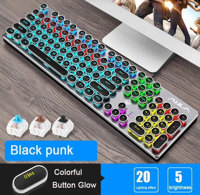 Steampunk Game Real Mechanical Keyboard 104 Keys Wired USB Anti-Ghosting Metal Panel Electroplated Gold Keycaps Mechanical Green Shaft 60 Million Keystrokes 1.6m Braided Cable 435x125x36mm Black Blue White Blue