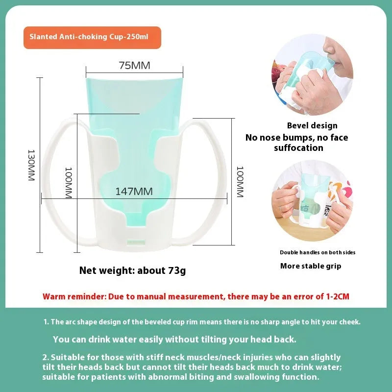 Bedside drinking cup with oblique anti-choke spout and handle for elderly and pregnant women