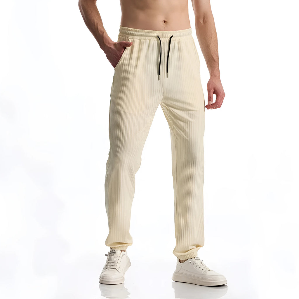 Silky rib fabric baggy straight casual trousers in black with drawstring waist and belt