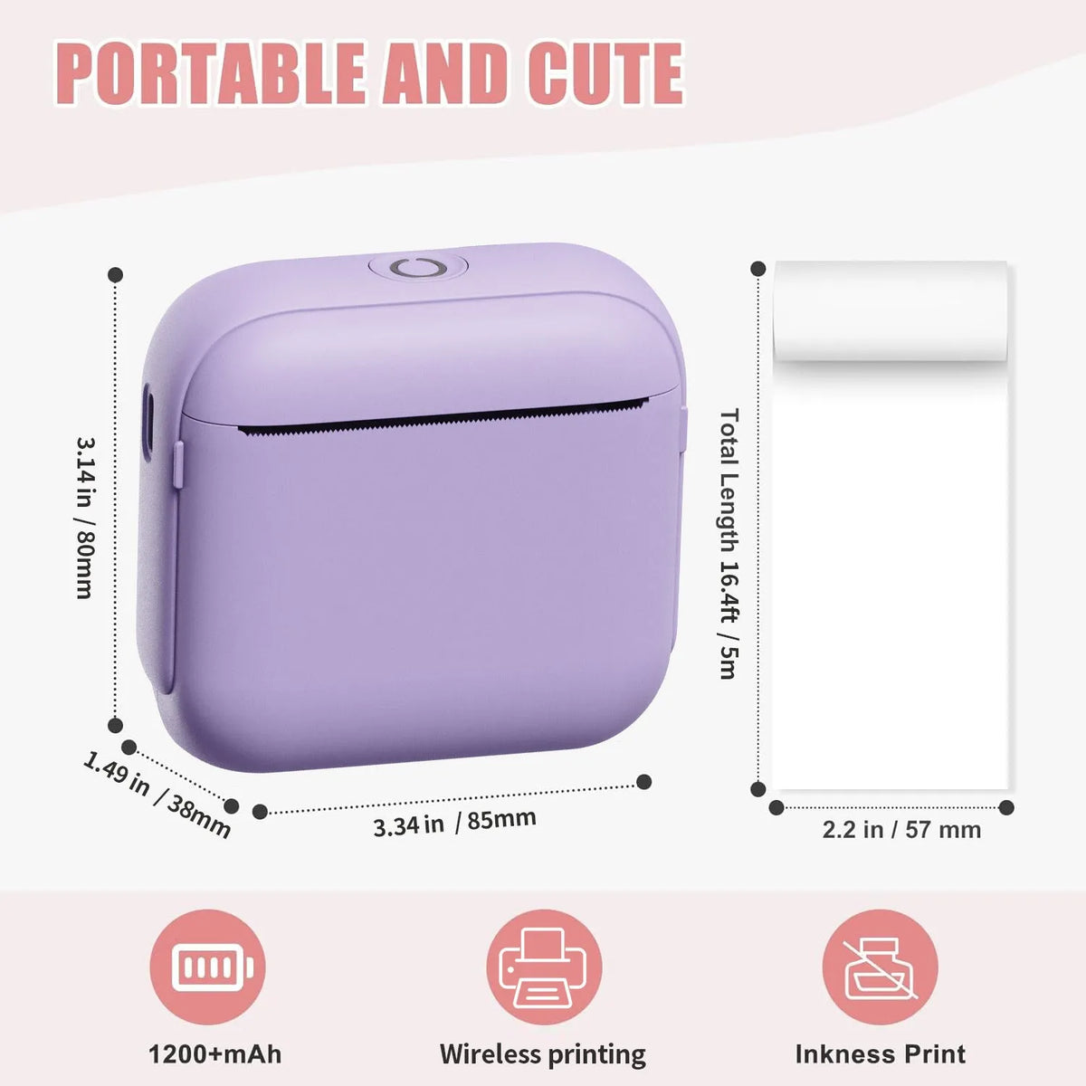 Mini HD Bluetooth thermal printer, 85 x 35 x 80mm, Beige Green Purple, label printing
