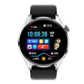 Black Bluetooth smart watch with round colour touch screen on a silicone strap