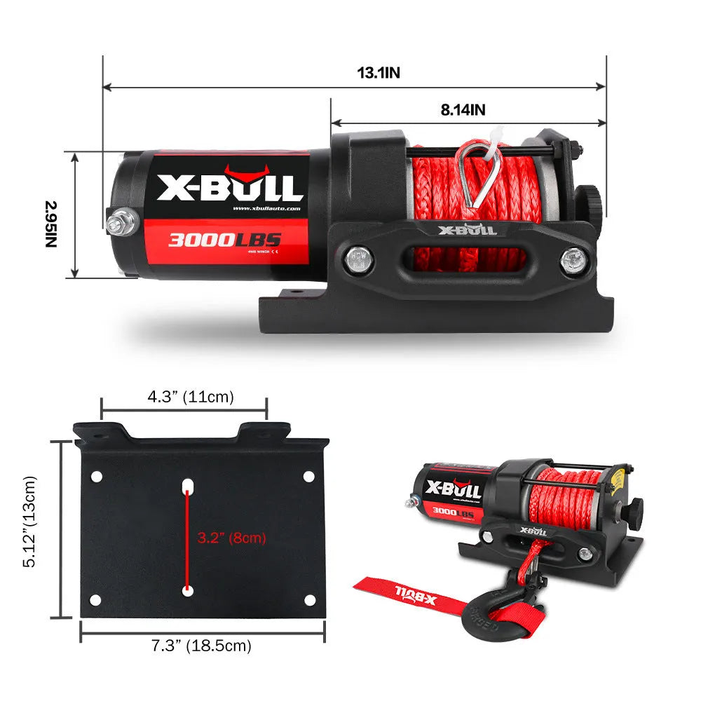 3000 pound electric winch with nylon rope, black, for off-road vehicle recovery, with mounting plate and remote controls