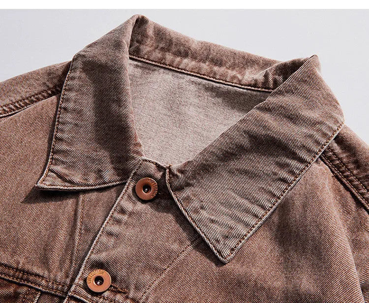 Men's vintage denim jacket in brownish red, loose fit, cross detail, lapel collar, cotton denim, sizes M-5XL.