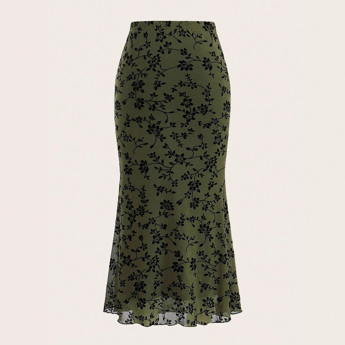 Dark green floral half-length fishtail skirt for women with medium elastic waist and polyester fabric