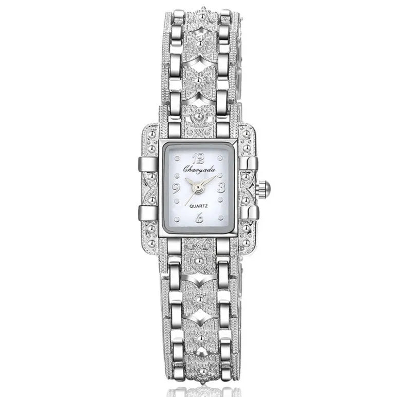 Women's square bracelet watch with black dial surface on display in OPP packaging