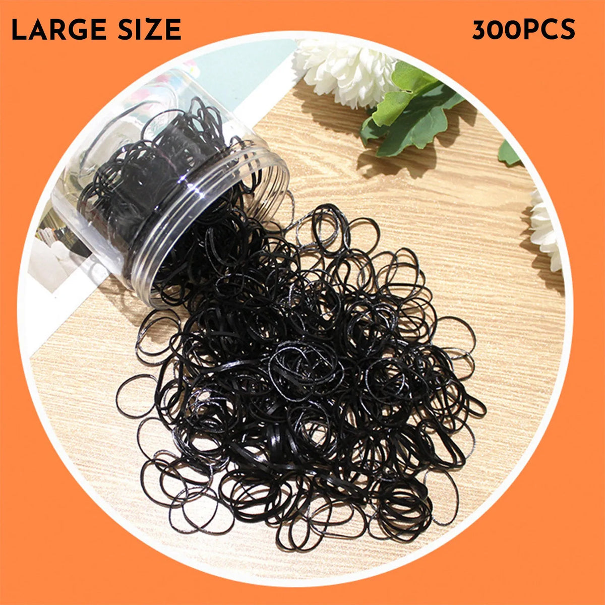 Multi-colour TPU baby hair elastic bands spilling from a reusable container.