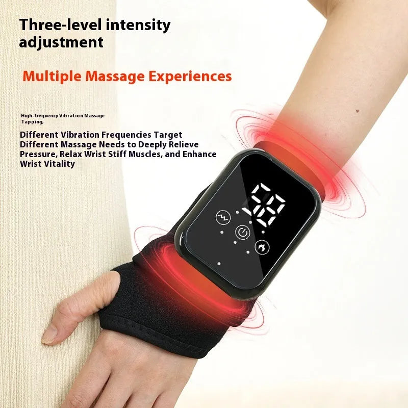 Black rechargeable electric heating ankle sleeve wrapped around an ankle