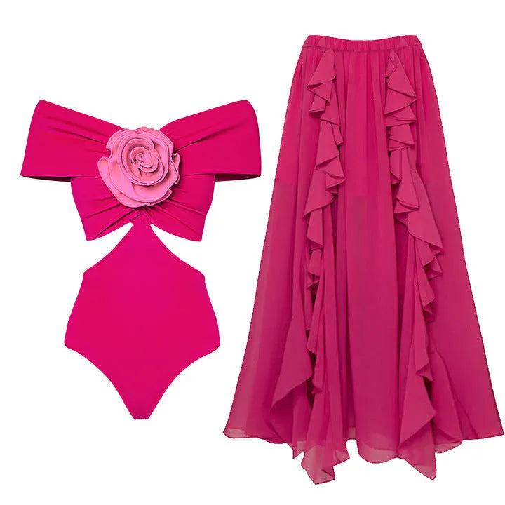 Women's floral hollow-out one-piece swimsuit with a matching skirt on a mannequin.