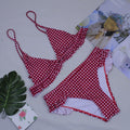Women's plaid bikini swimwear in red or black with chest pad, lattice pattern, sizes S to XL