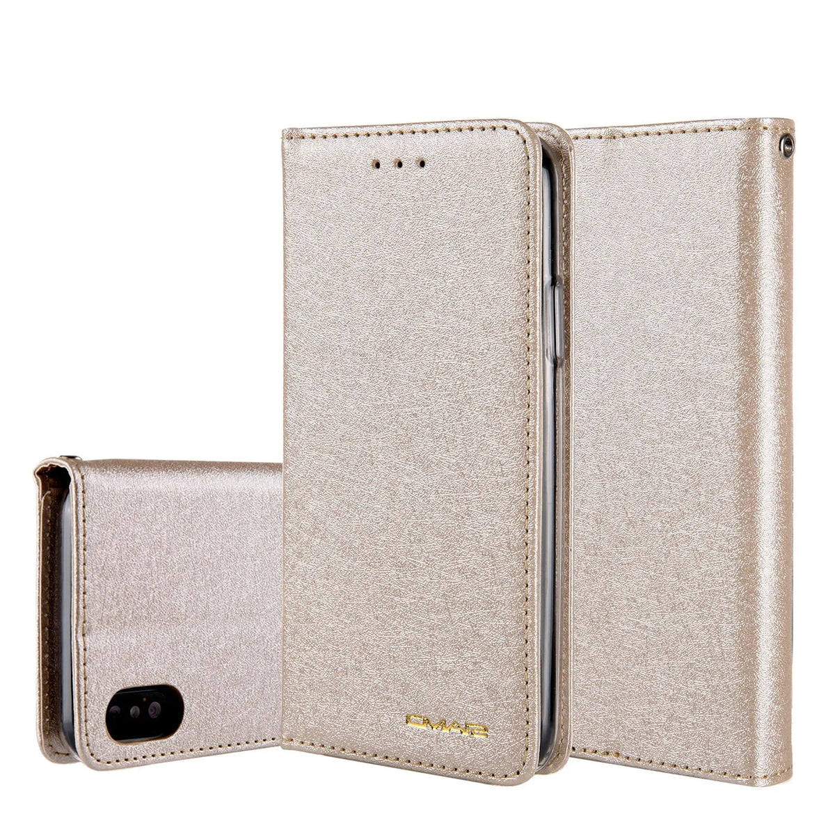 Black PU leather flip-style iPhone case open to show interior card slots and phone.