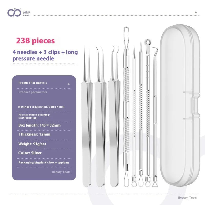 Four metal acne needle tools with pointed tips on a white background.