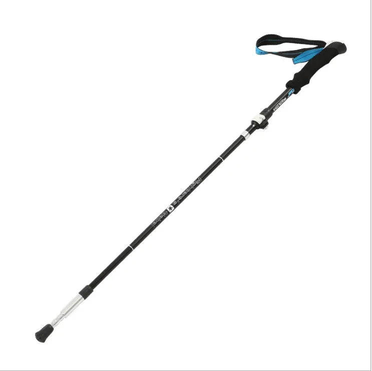 Folding telescopic trekking pole in aluminium alloy, adjustable 36-130cm, shown in black yellow and black blue colour options
