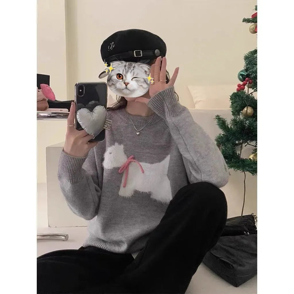 Puppy jacquard Korean pullover sweater in wine red with 3D stereoscopic pattern on wool blend fabric