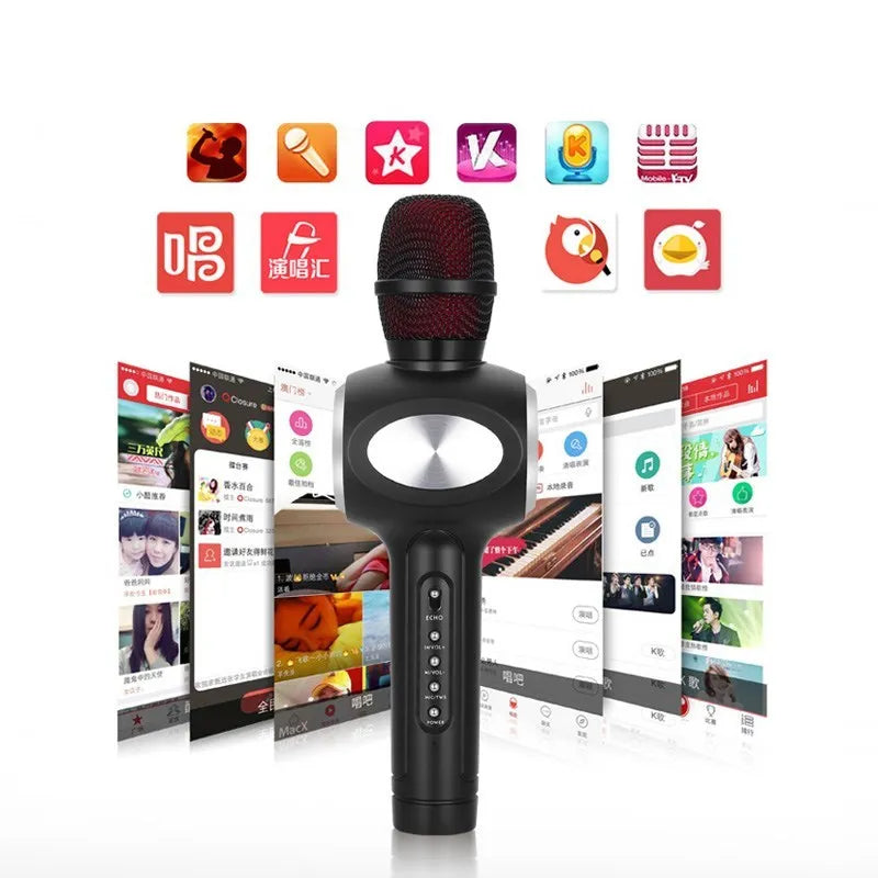 Yaerjia E108 handheld karaoke microphone in black, gold, or pink with rechargeable battery.