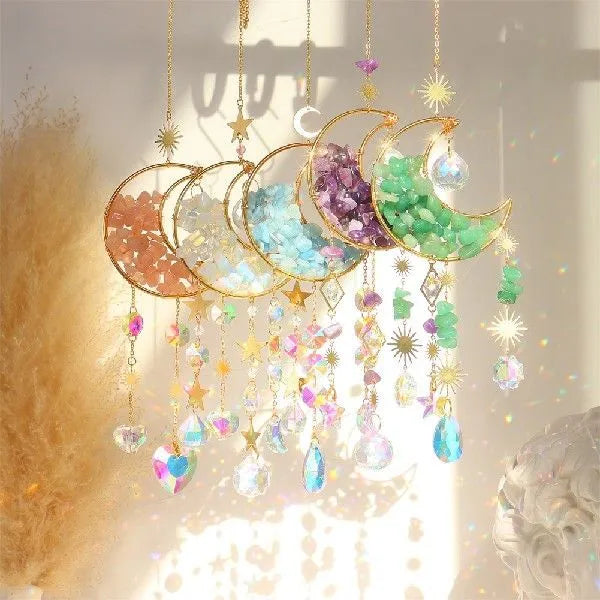 K9 crystal moon car pendant with metal chain in blue, green, pink, purple or white