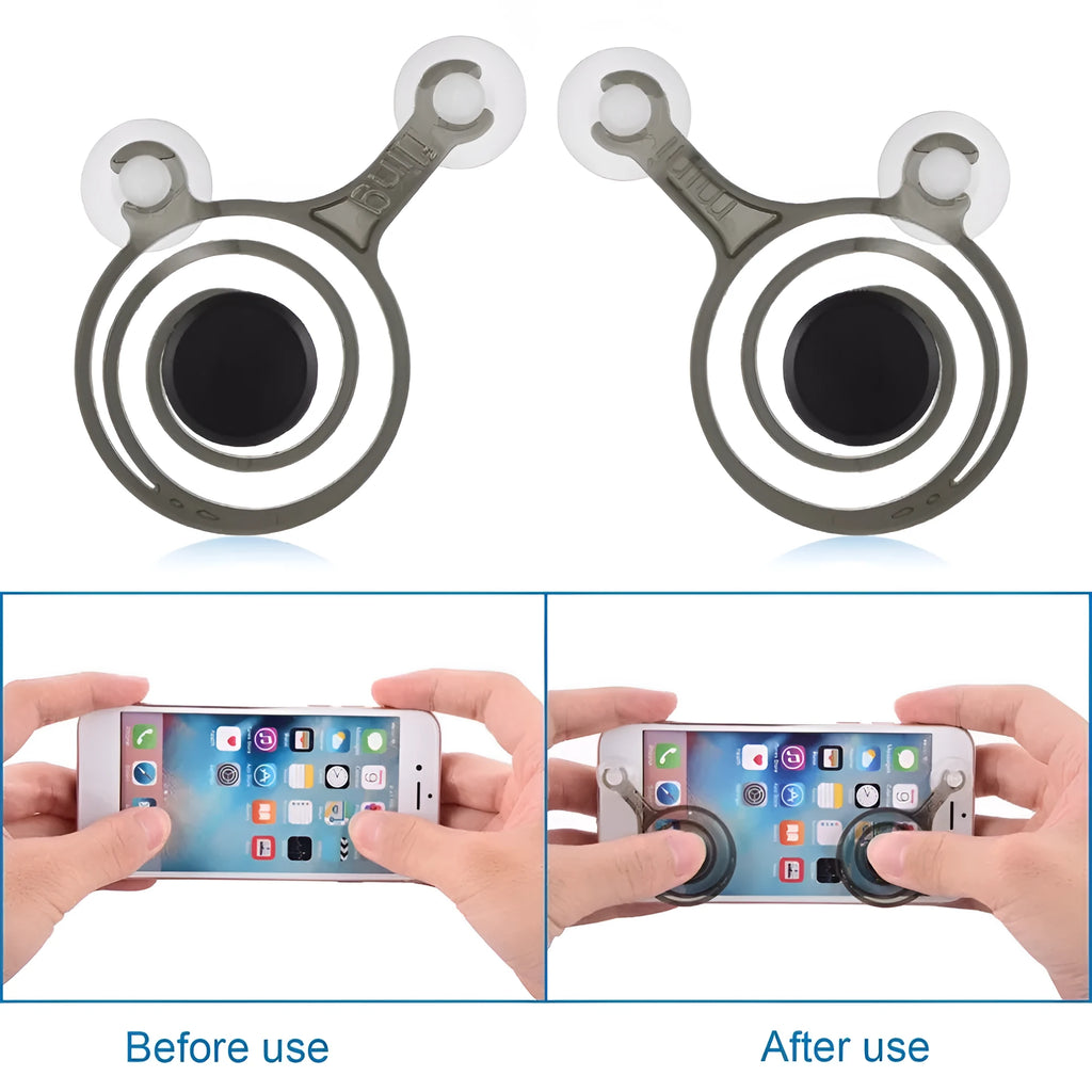 Pair of clear smartphone gaming joysticks with coloured accents on mobile phone screen