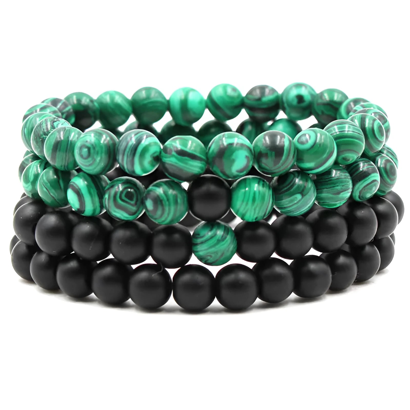 Malachite green and black matte 8mm round bead elastic strand bracelet on a neutral background