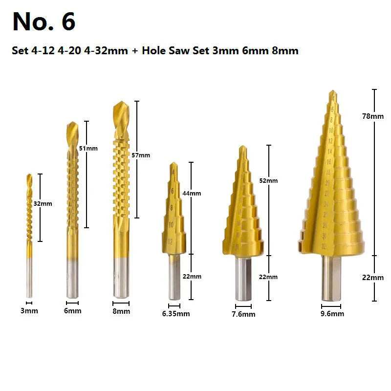 High speed steel cone drill bit and centre punch set showing colour-coded options and step drill design