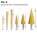 High speed steel cone drill bit and centre punch set showing colour-coded options and step drill design