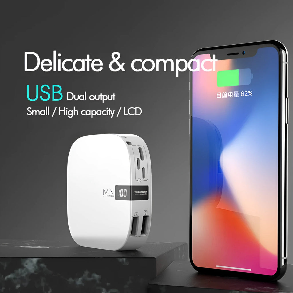 10000 mAh mini power bank with digital display in black, compact portable charger with two USB ports