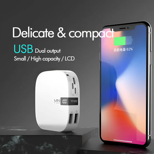 10000 mAh mini power bank with digital display in black, compact portable charger with two USB ports