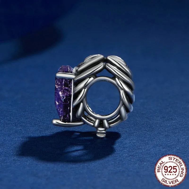 Purple skull heart 925 silver bead with inlay, 12x13mm, on a white background showing 4.5mm aperture