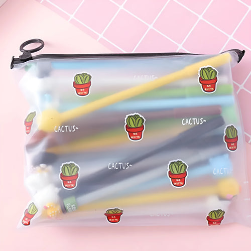 Marvel Cactus cartoon themed plastic pen case containing twenty black 0.5mm gel pens.