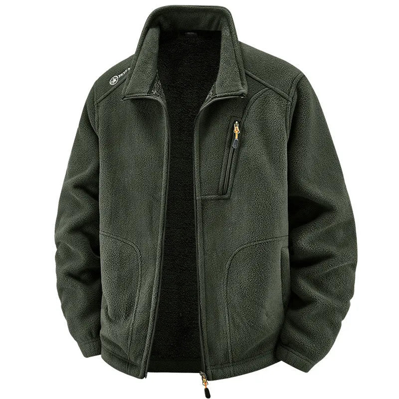 Men's warm padded jacket with polar fleece lining, loose casual cardigan style, available in six colours.