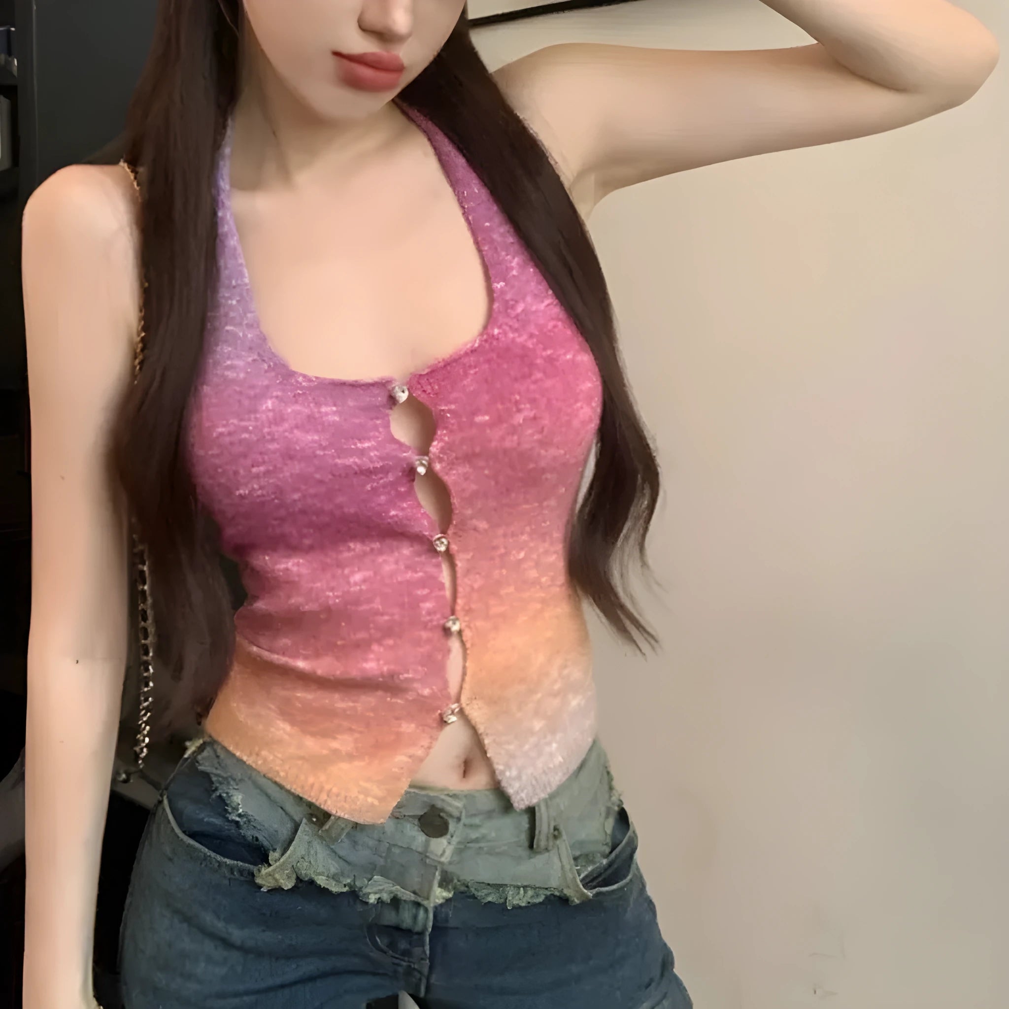 Pink knitted halter-neck vest for women sweet style polyester v-neck