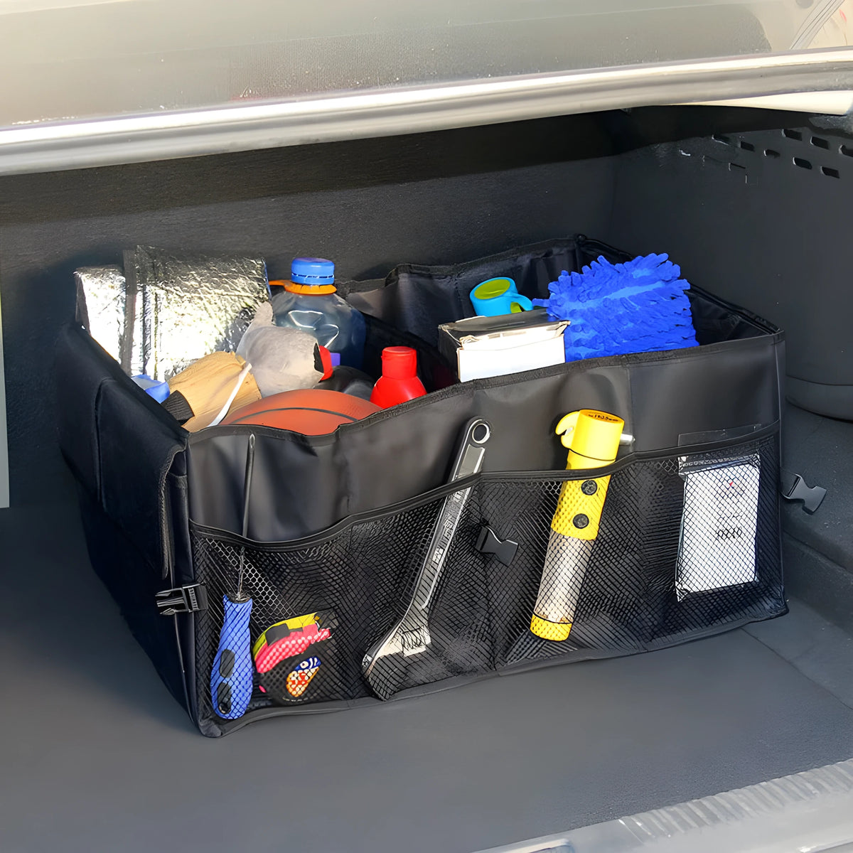 Black non-woven car storage can folded to 40cm length and 26cm width for package organisation