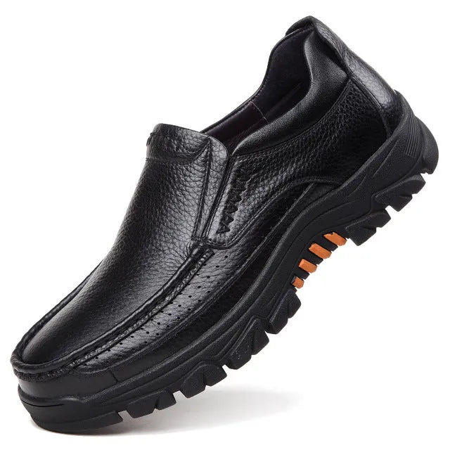 Men's black and brown cowhide leather business casual slip-on shoes with rubber soles