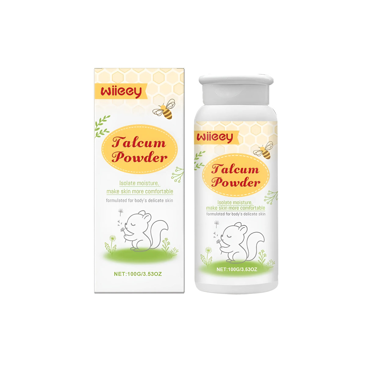 100g baby talcum powder with honeysuckle flower extract in a white plastic container