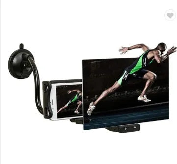 Black adjustable mobile phone stand with 12-inch acrylic screen amplifier display on 360-degree rotating bracket