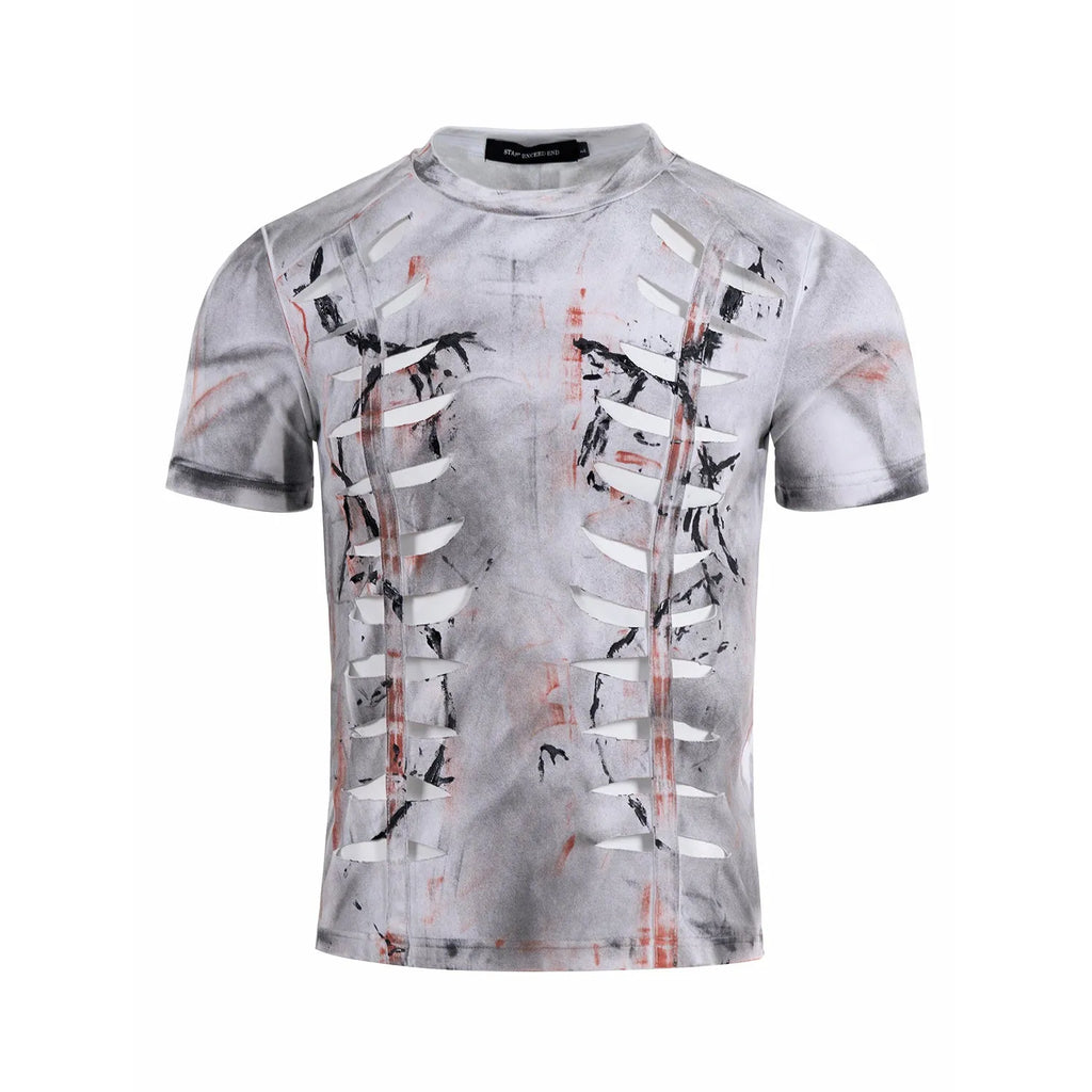 White men's cotton t-shirt with hollow-out cut design on chest, showing short sleeves and round neck.