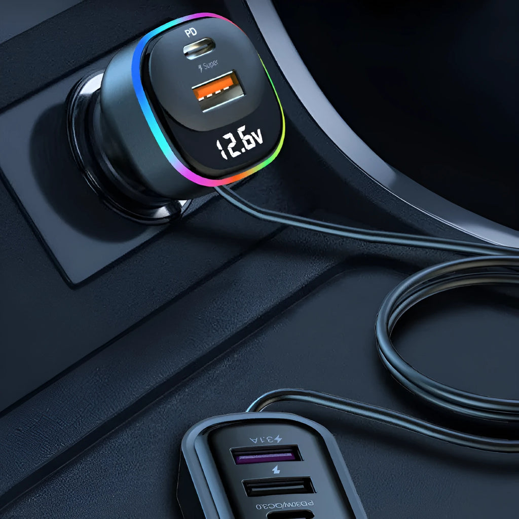 Black multi-function vehicle-mounted car charger with direct plug power supply, model YQ5, 10 x 4.5 x 13.7 cm packing size