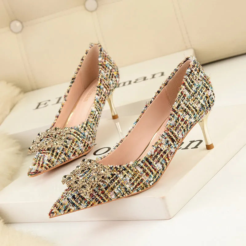 Black women's skinny stiletto heel pointed toe shallow mouth pump