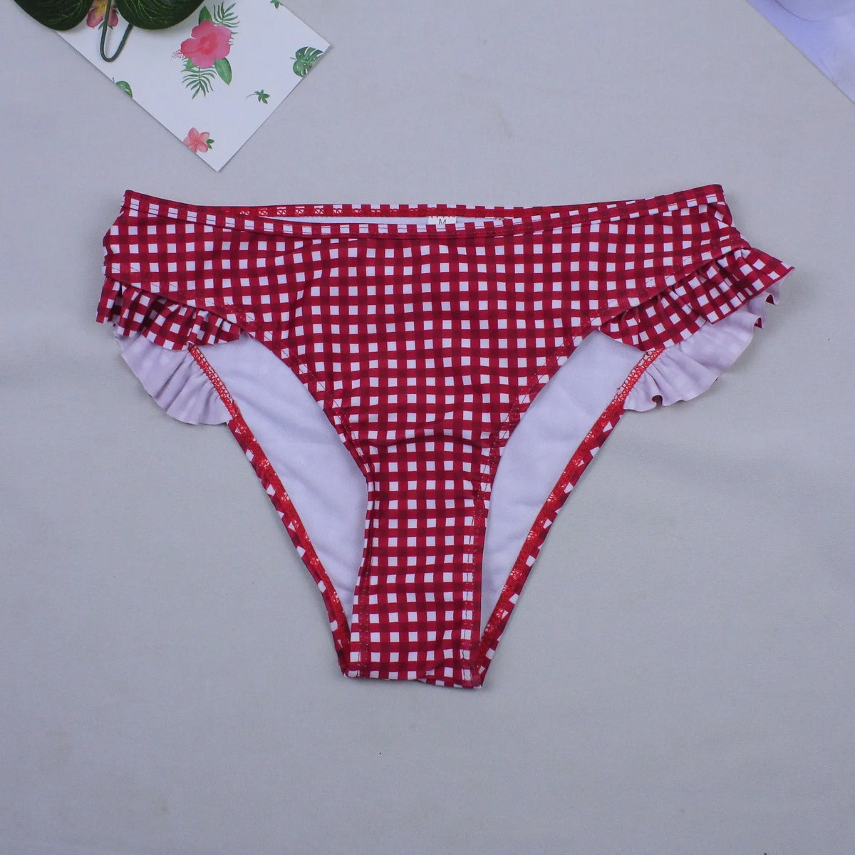 Women's plaid bikini swimwear in red or black with chest pad, lattice pattern, sizes S to XL