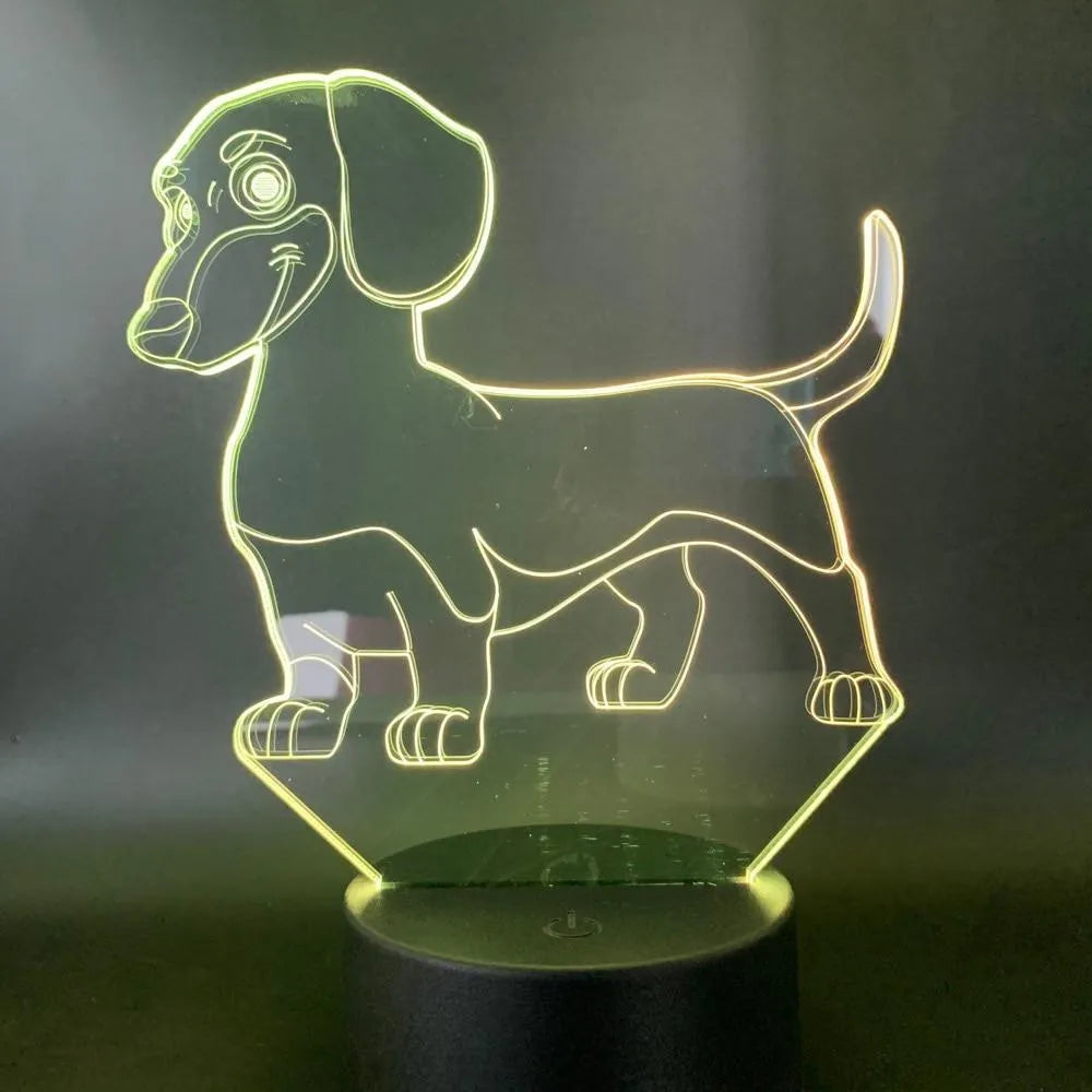 Dachshund 3D night light with acrylic lampshade, ABS base, USB cable, and remote control, 200 x 150 x 87mm