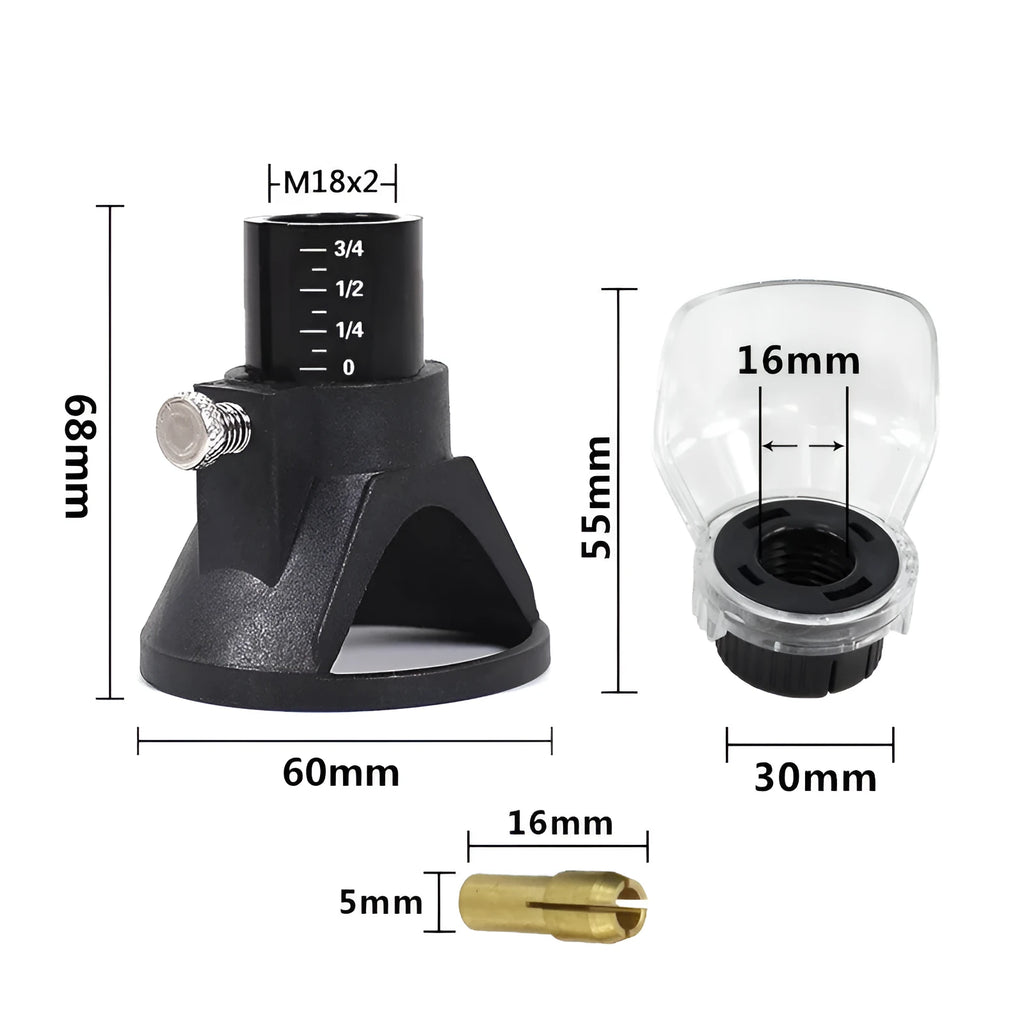 Black drill dust cover set with transparent protective cover and three copper chucks.