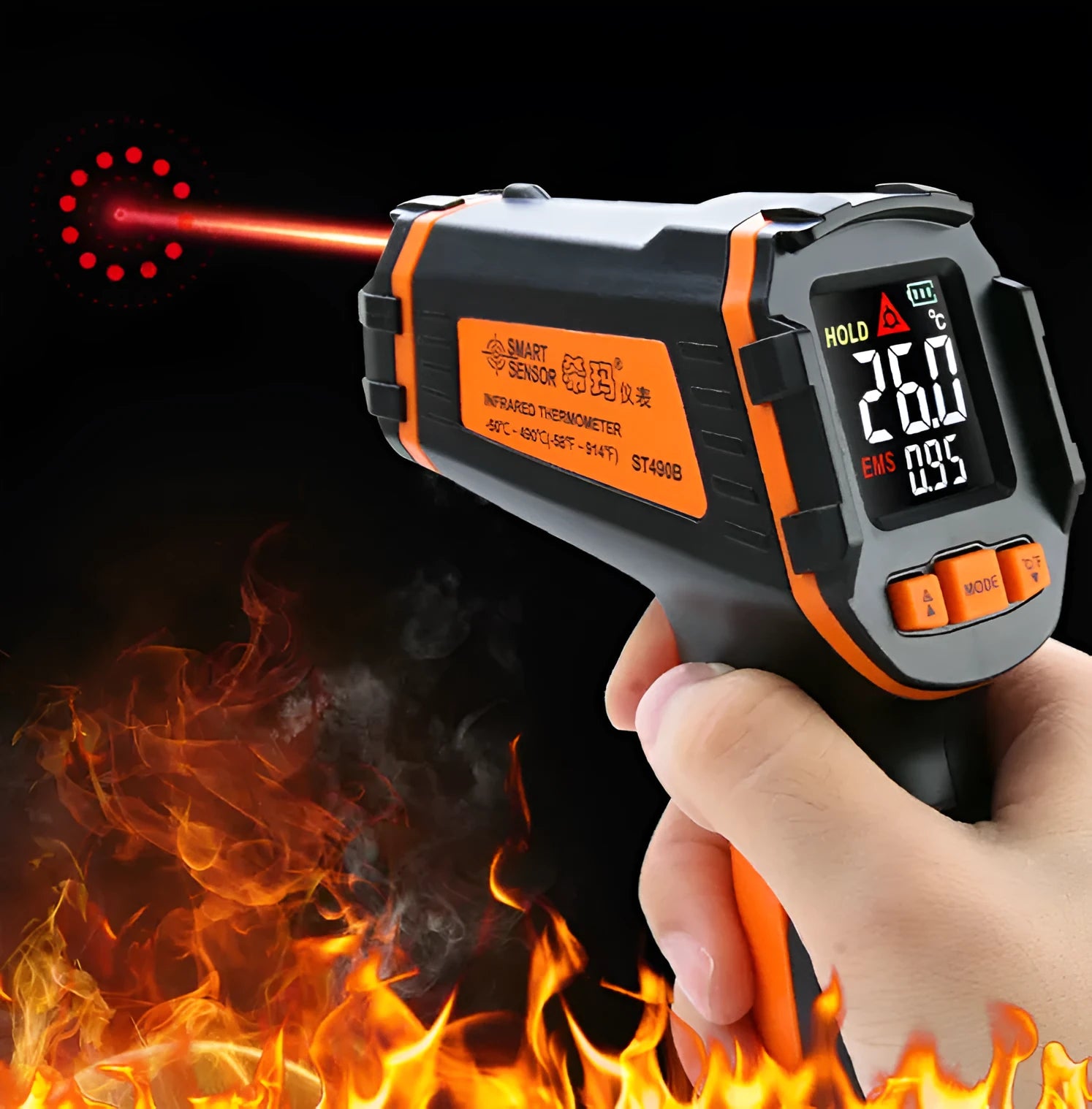 ST390A handheld infrared thermometer with laser pointer and LCD display.