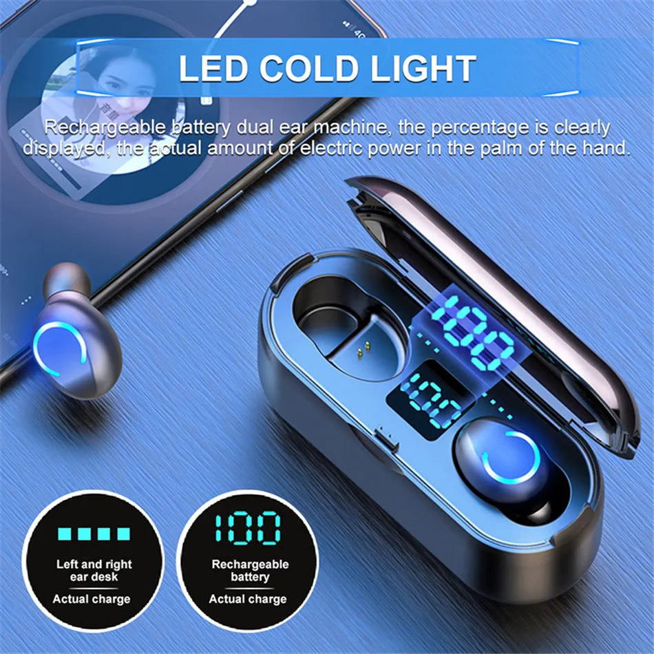 Binaural Bluetooth headset with digital display, black or white, earplug type, Bluetooth 5.0.